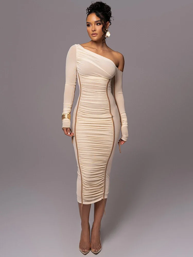 Diagonal Collar Mesh Backless Ruched Bodycon Long Midi Dress - Image 2