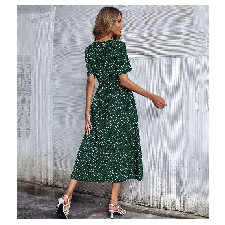 Vacation Chic Single-breasted Cardigan V-neck Short Sleeve Hem Slit Retro Dot Midi Dress - Image 10