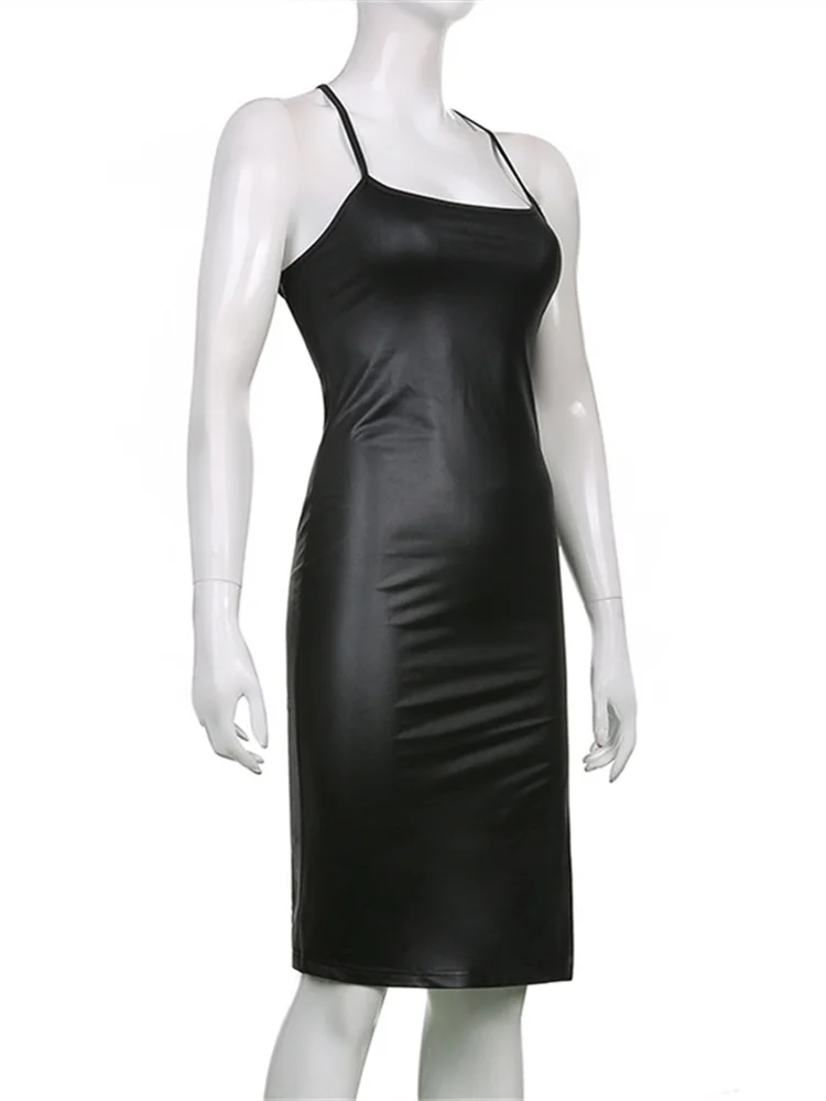 Hirigin PU Leather Black Party Halter Backless Bandage Club Slit Midi Dress - Image 16