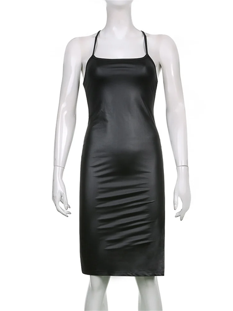 Hirigin PU Leather Black Party Halter Backless Bandage Club Slit Midi Dress - Image 5