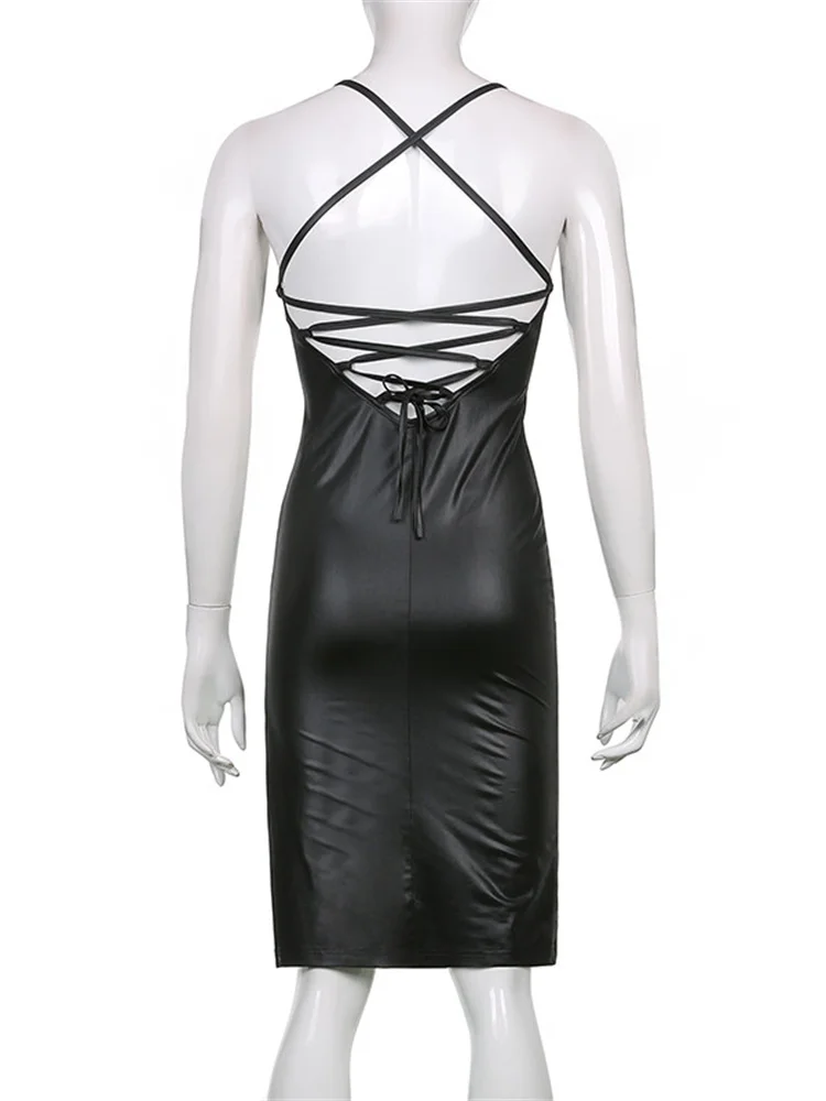 Hirigin PU Leather Black Party Halter Backless Bandage Club Slit Midi Dress - Image 7