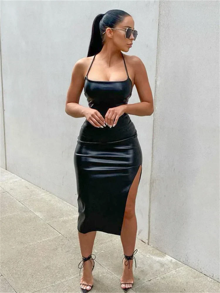 Hirigin PU Leather Black Party Halter Backless Bandage Club Slit Midi Dress - Image 8