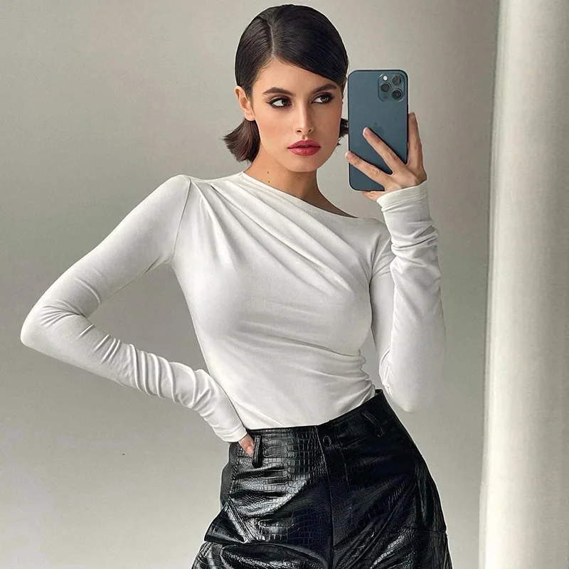 Basic White Skew Neck Long Sleeve Tee - Image 7