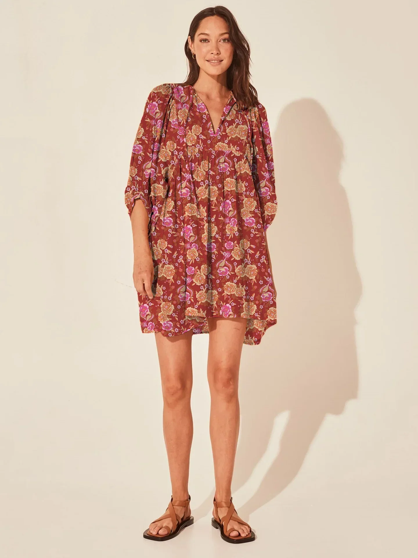 Casual Loose Floral Print Spring/Summer Women's 2024 New Lantern Sleeves Lace-up V-neck Mini Dress - Image 11