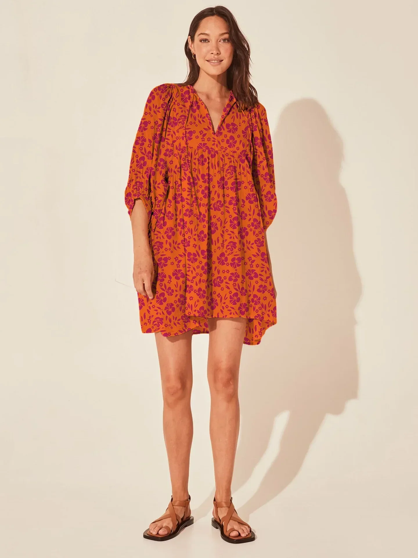 Casual Loose Floral Print Spring/Summer Women's 2024 New Lantern Sleeves Lace-up V-neck Mini Dress - Image 12