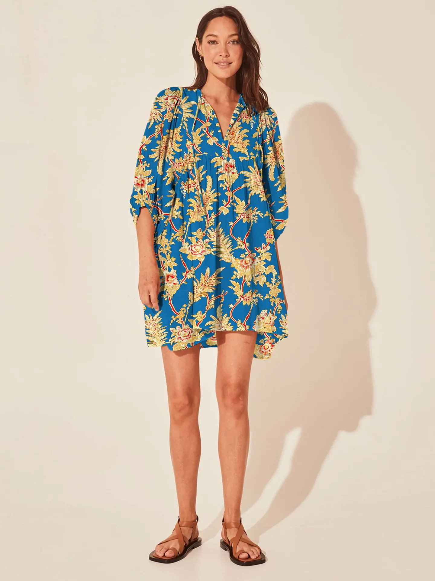 Casual Loose Floral Print Spring/Summer Women's 2024 New Lantern Sleeves Lace-up V-neck Mini Dress - Image 13