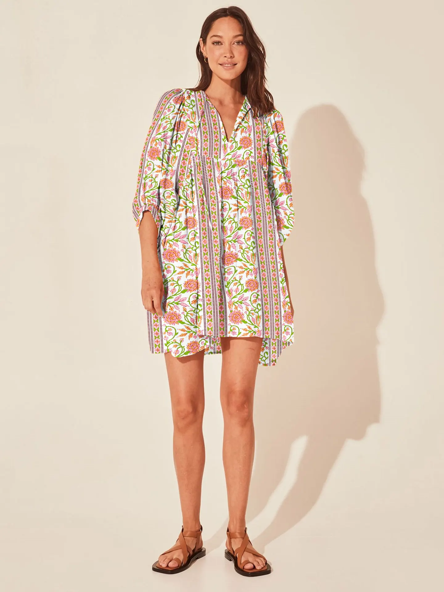 Casual Loose Floral Print Spring/Summer Women's 2024 New Lantern Sleeves Lace-up V-neck Mini Dress - Image 23