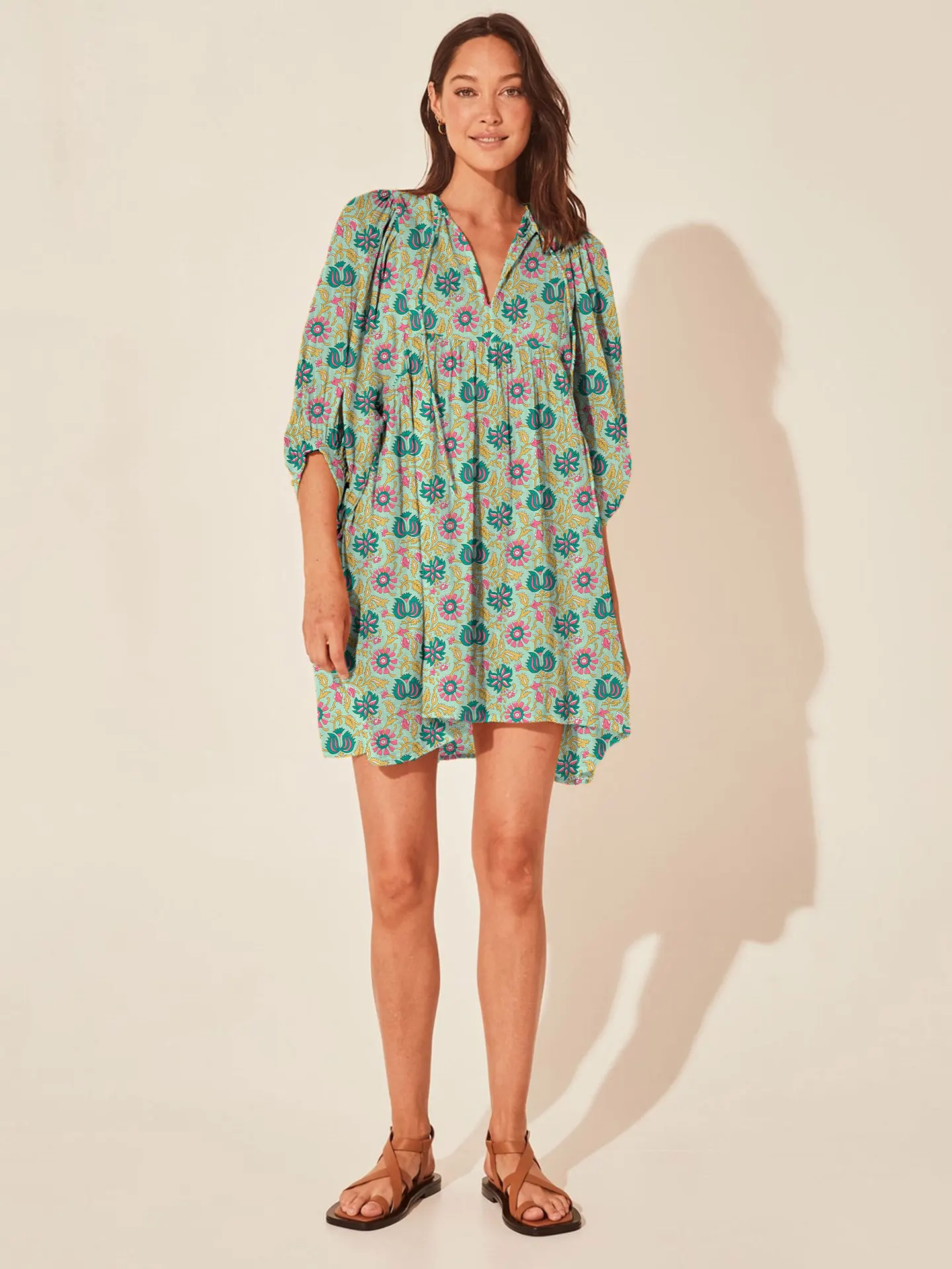 Casual Loose Floral Print Spring/Summer Women's 2024 New Lantern Sleeves Lace-up V-neck Mini Dress - Image 25
