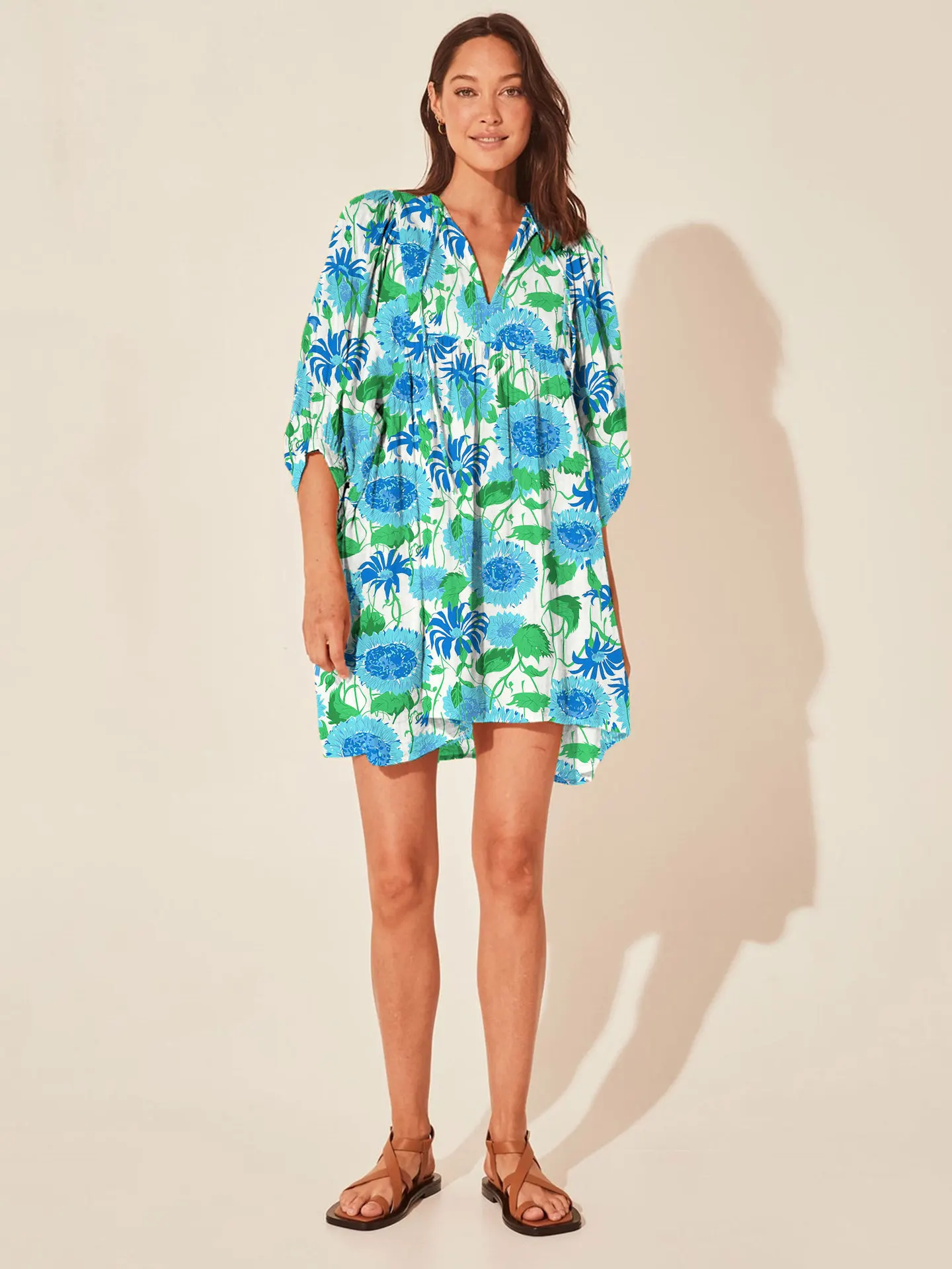 Casual Loose Floral Print Spring/Summer Women's 2024 New Lantern Sleeves Lace-up V-neck Mini Dress - Image 31