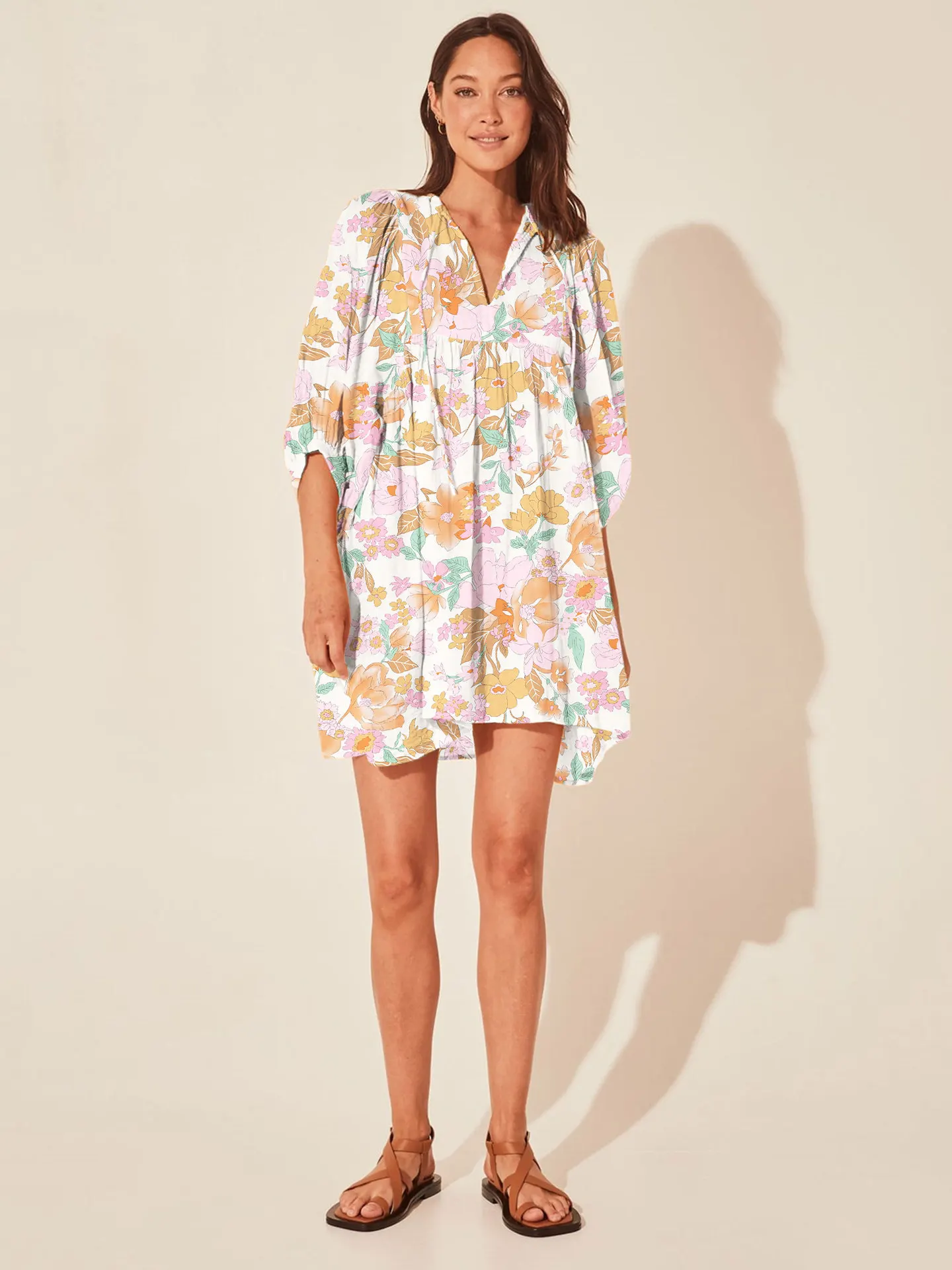 Casual Loose Floral Print Spring/Summer Women's 2024 New Lantern Sleeves Lace-up V-neck Mini Dress - Image 57