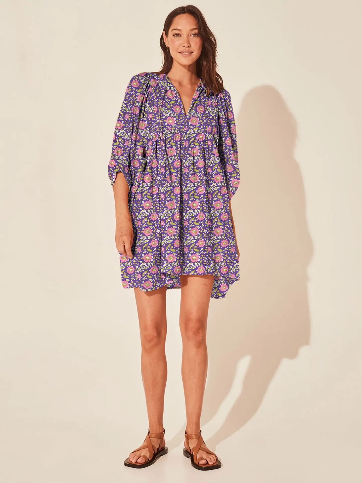 Casual Loose Floral Print Spring/Summer Women's 2024 New Lantern Sleeves Lace-up V-neck Mini Dress - Image 58