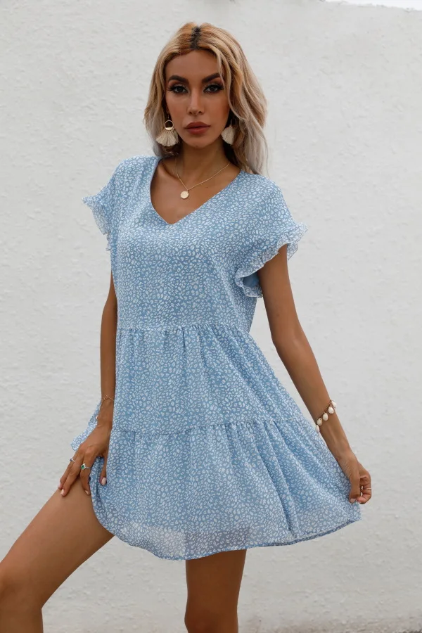 Elegant Leopard Print Floral Prints Summer Women 2024 New Loose V-Neck Ruffled Short Sleeved Mini Dress - Image 19