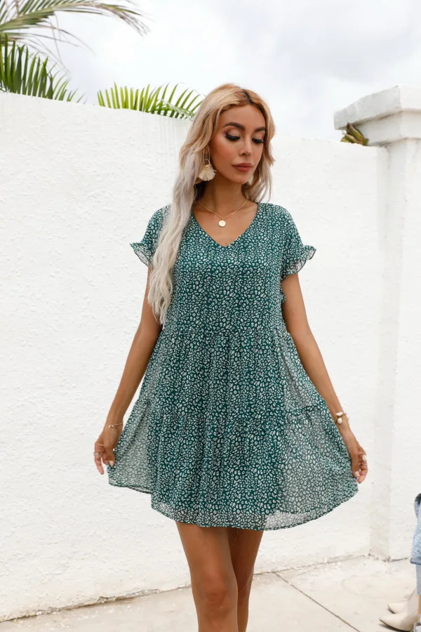 Elegant Leopard Print Floral Prints Summer Women 2024 New Loose V-Neck Ruffled Short Sleeved Mini Dress - Image 21