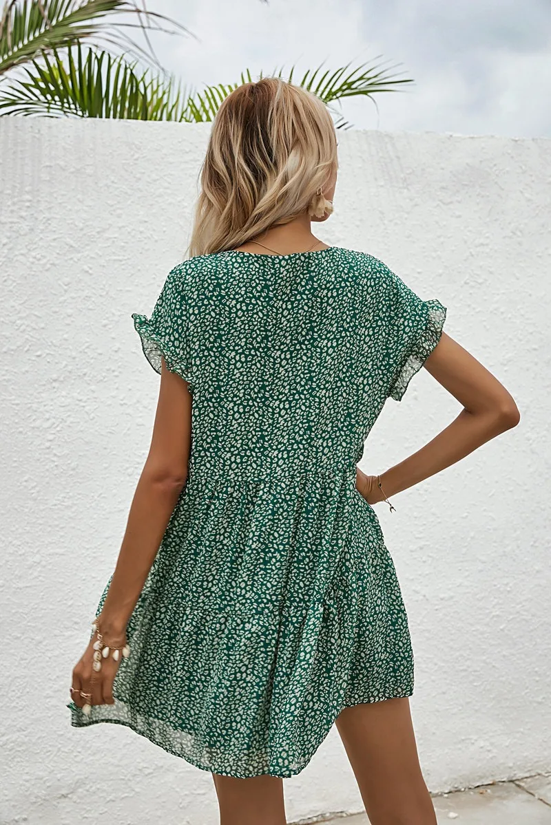 Elegant Leopard Print Floral Prints Summer Women 2024 New Loose V-Neck Ruffled Short Sleeved Mini Dress - Image 25