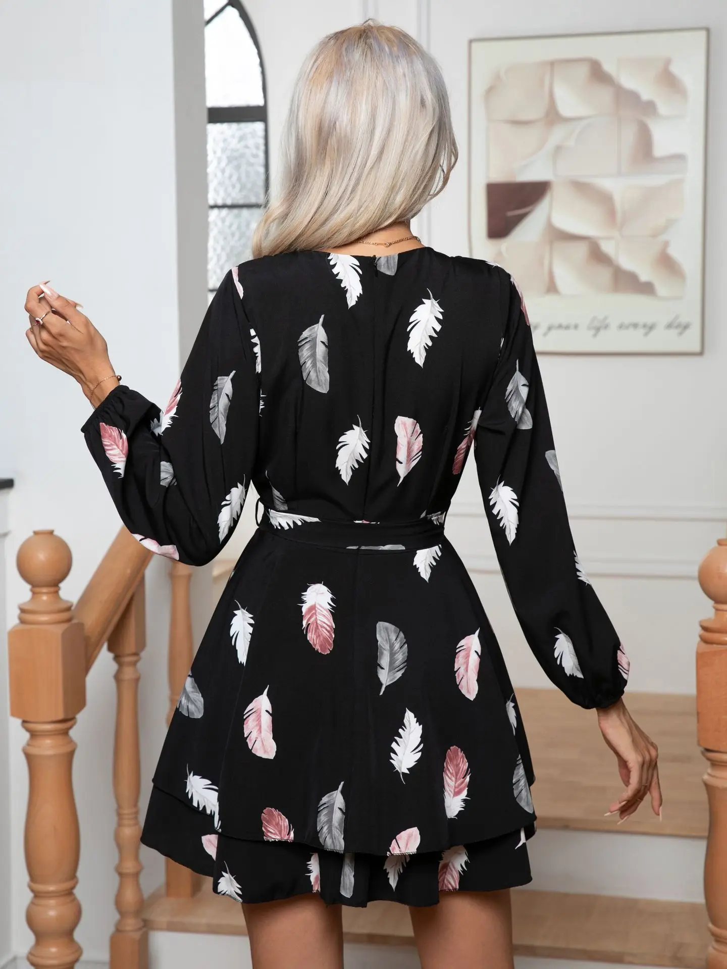 Skinny Feather Printed V-neck for Women New 2024 Mini Dress - Image 12
