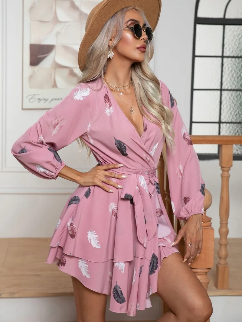 Skinny Feather Printed V-neck for Women New 2024 Mini Dress - Image 15