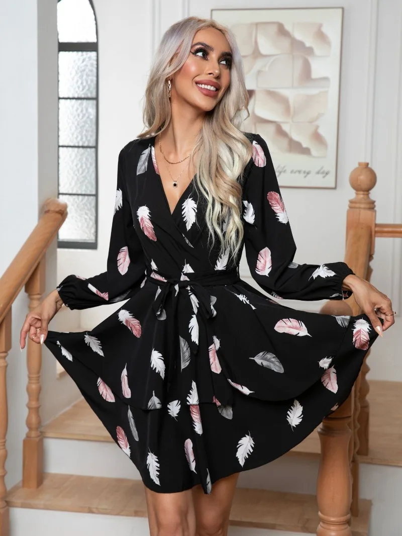 Skinny Feather Printed V-neck for Women New 2024 Mini Dress - Image 2