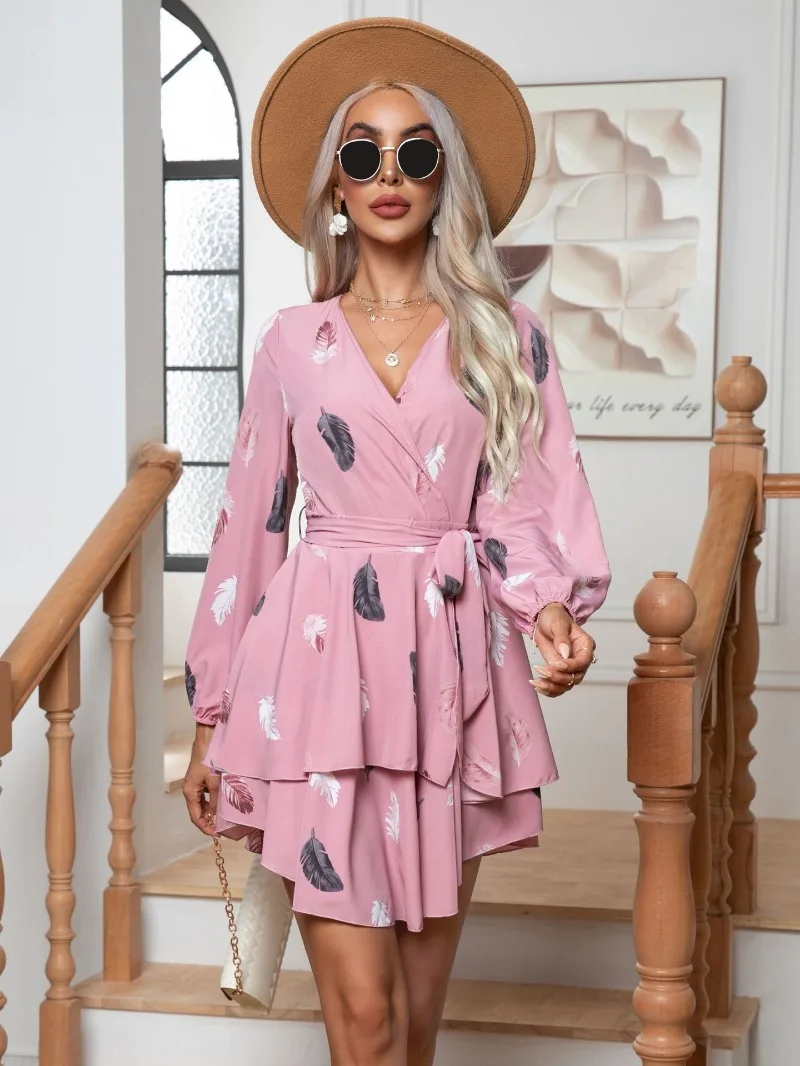 Skinny Feather Printed V-neck for Women New 2024 Mini Dress - Image 25
