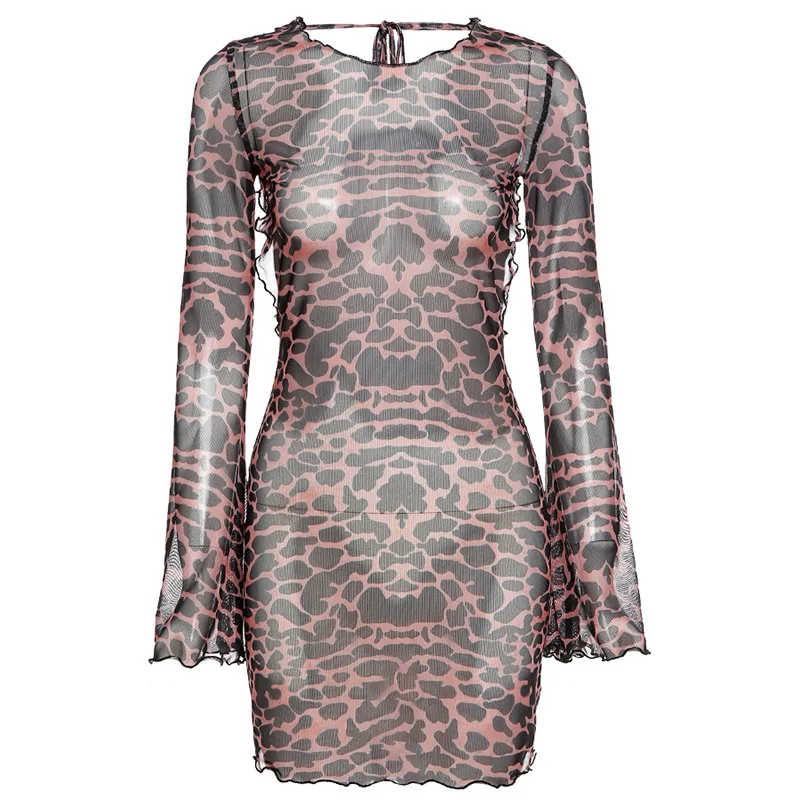 Chic Sexy Backless Leopard Print Summer Women's 2024 New Full Flare Sleeve Skinny Hip Wrap Mini Dress - Image 7
