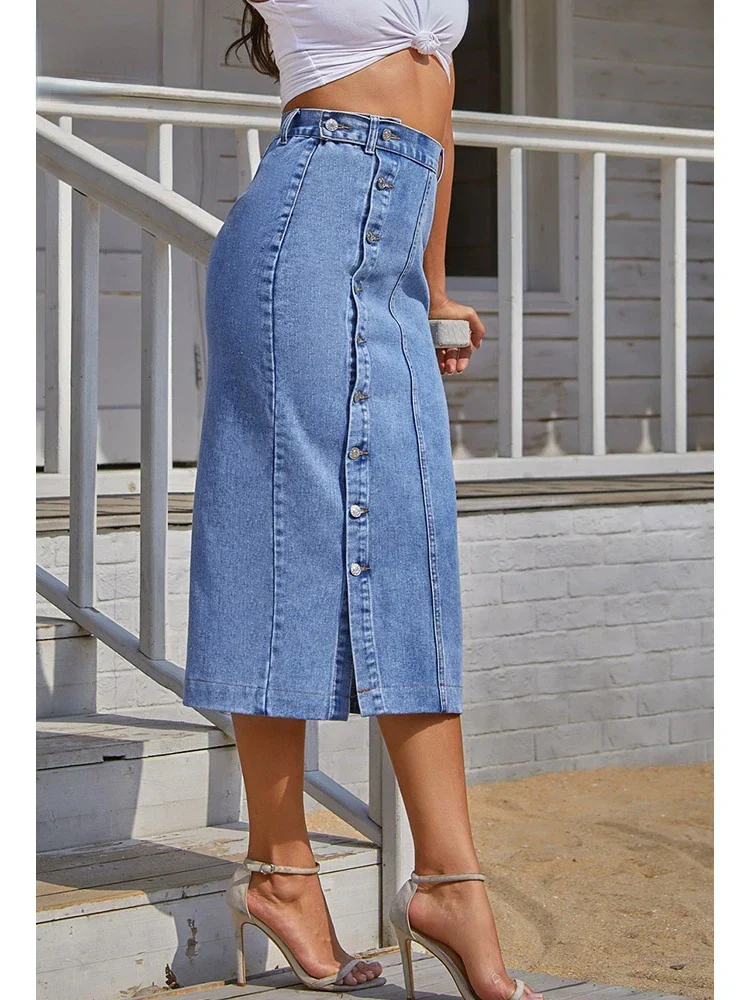 Button A-line Side Split Office Lady Midi Skirt - Image 2