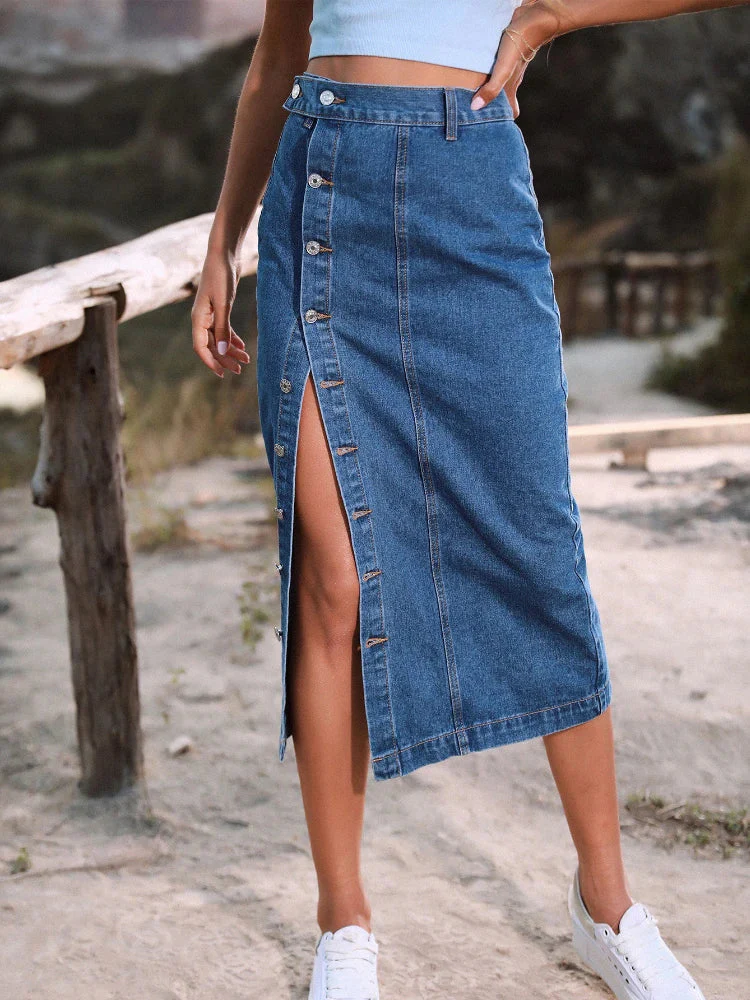 Button A-line Side Split Office Lady Midi Skirt - Image 23
