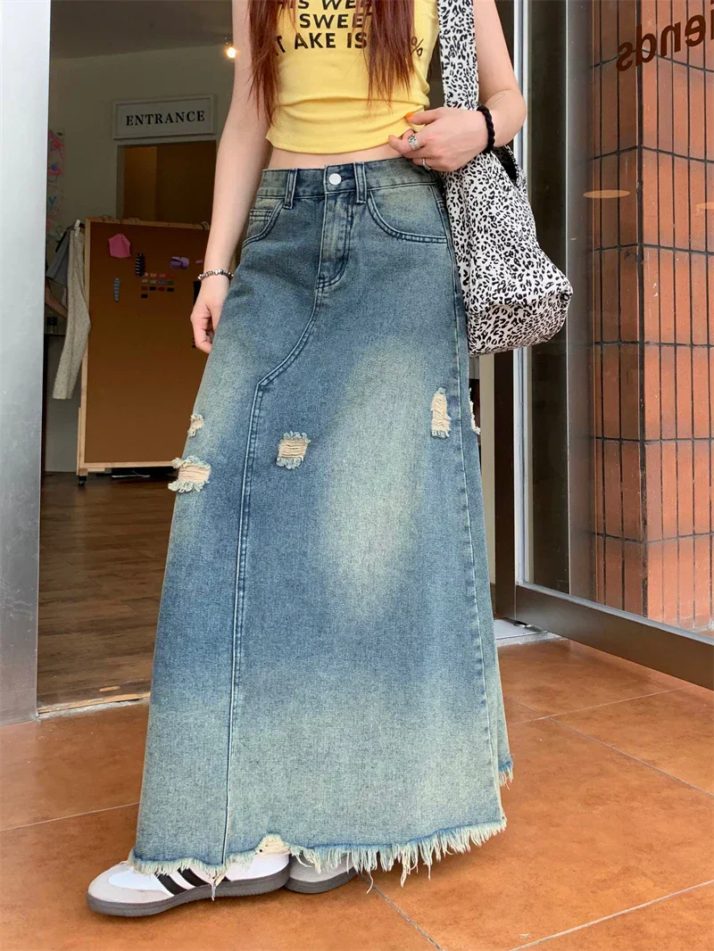 Design Heavy Industry Washed Ripped Raw Hem Long Skirt - Image 12