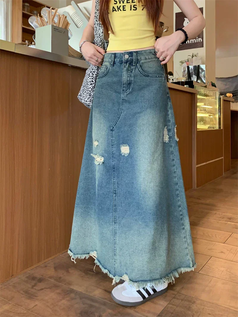 Design Heavy Industry Washed Ripped Raw Hem Long Skirt - Image 18