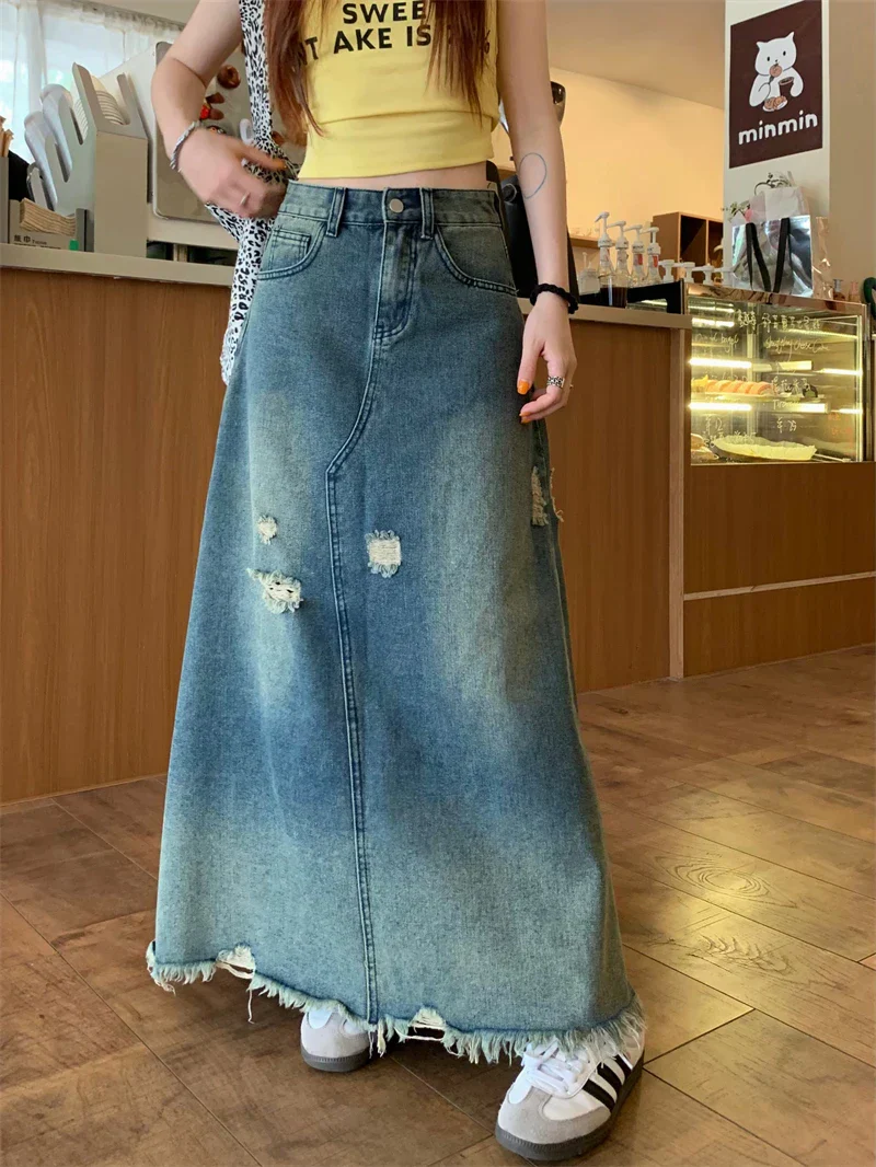 Design Heavy Industry Washed Ripped Raw Hem Long Skirt - Image 6