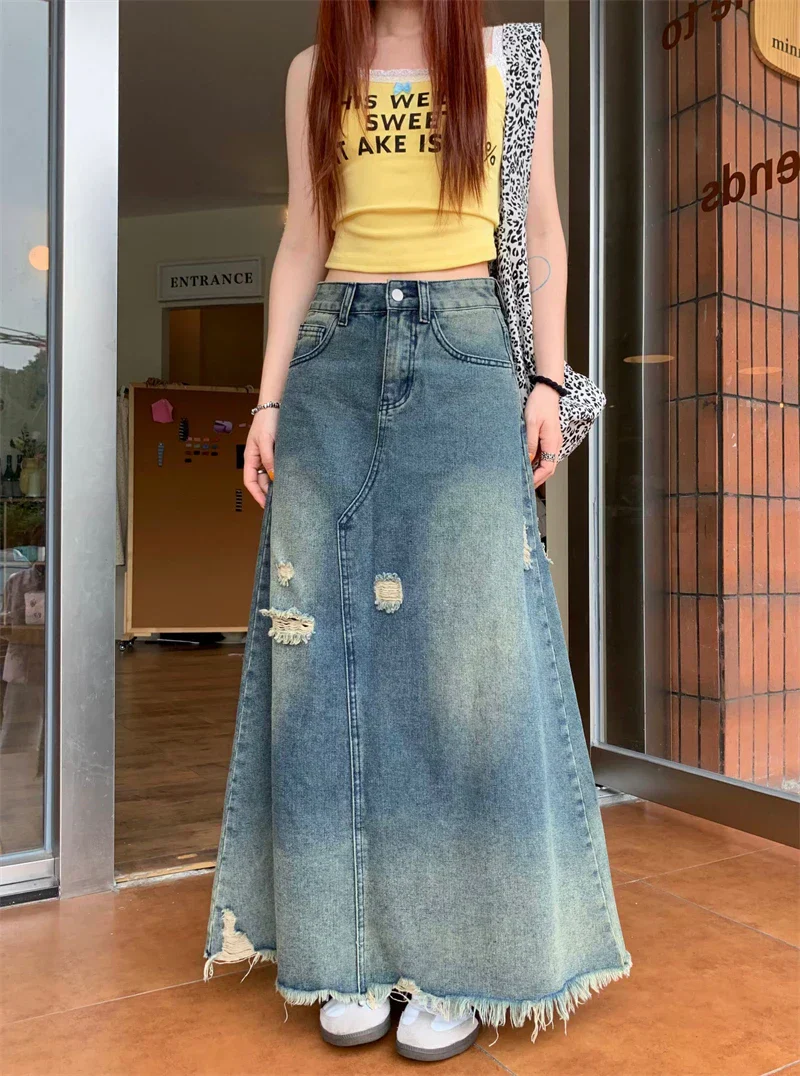 Design Heavy Industry Washed Ripped Raw Hem Long Skirt - Image 7