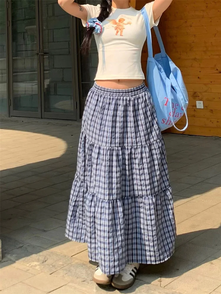 Vintage Ruffled Plaid Elastic Waist A-Line Skirt - Image 17