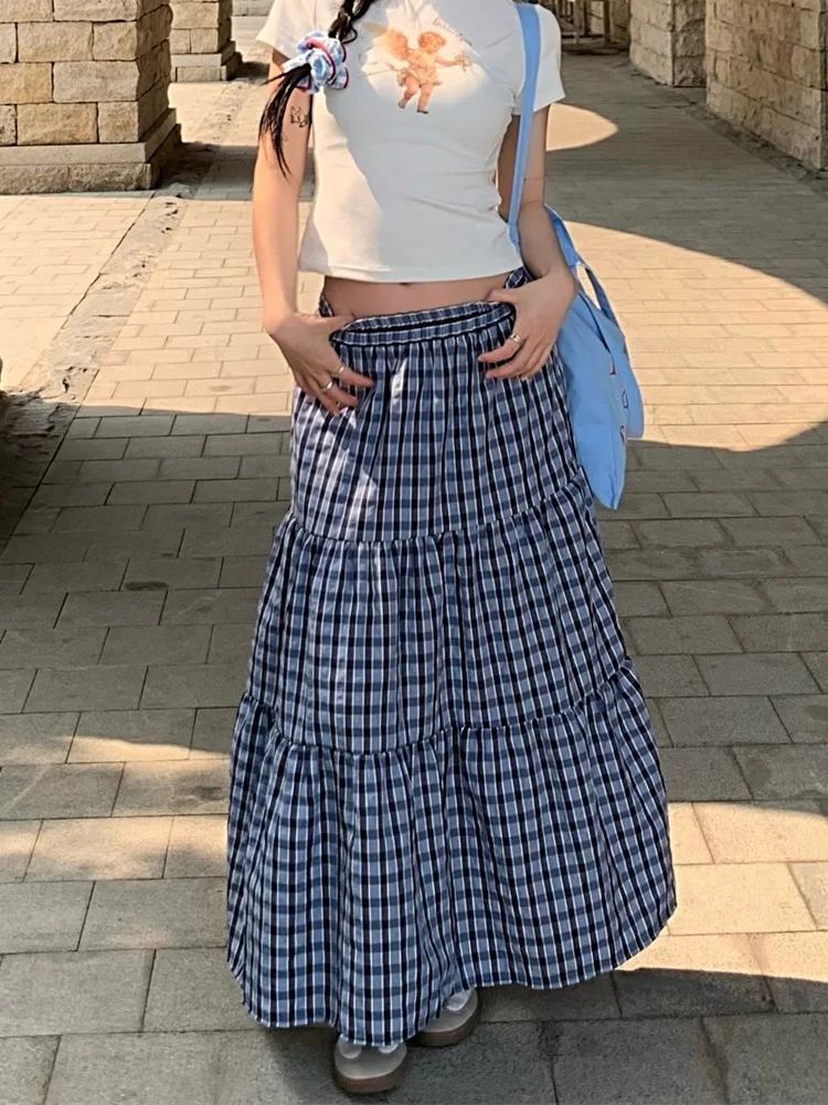 Vintage Ruffled Plaid Elastic Waist A-Line Skirt - Image 18