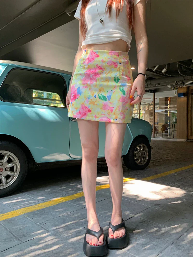 Satin Printed Flower Slim High Waist Mini Skirt - Image 12