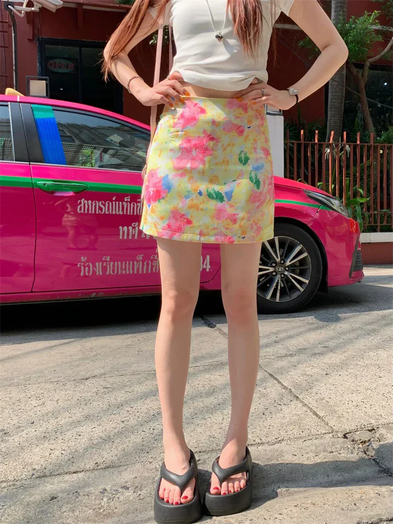 Satin Printed Flower Slim High Waist Mini Skirt - Image 13