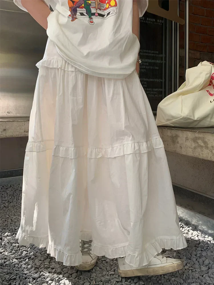 Ruffle Trim White Korean Style Elastic Waist Swing Skirt - Image 13