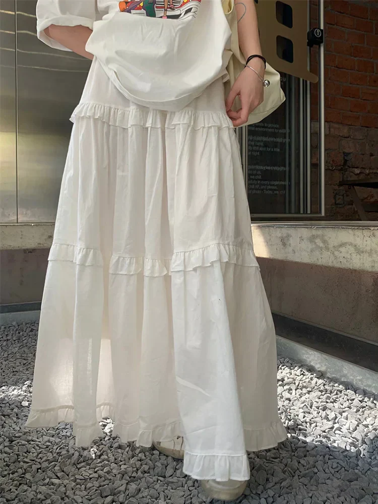 Ruffle Trim White Korean Style Elastic Waist Swing Skirt - Image 2