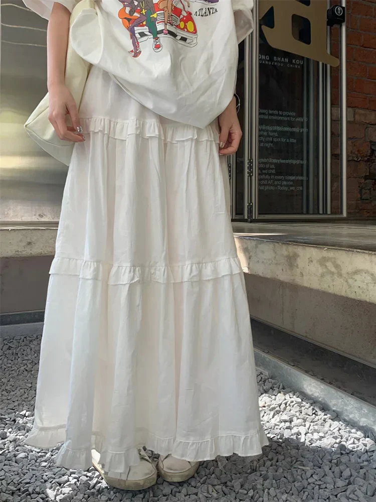 Ruffle Trim White Korean Style Elastic Waist Swing Skirt - Image 4