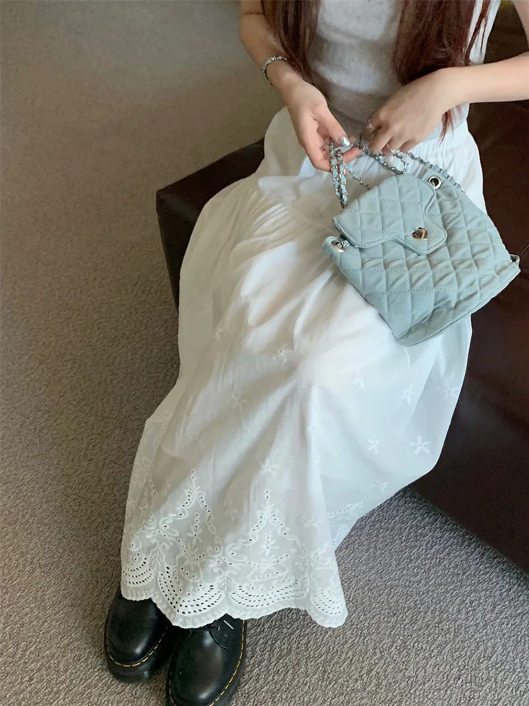White Hollow out Embroidered Vintage Swing Long Skirt - Image 15