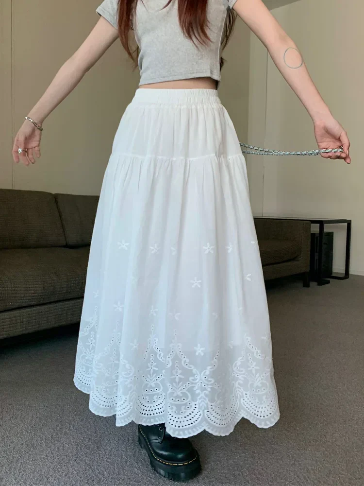 White Hollow out Embroidered Vintage Swing Long Skirt - Image 2