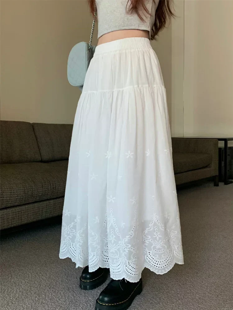 White Hollow out Embroidered Vintage Swing Long Skirt - Image 5