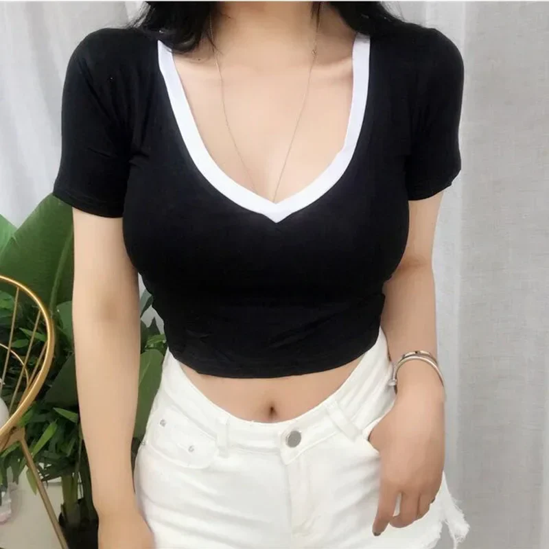 Solid V Neck Sexy Crop Tops Casual Short Sleeve Tee - Image 5