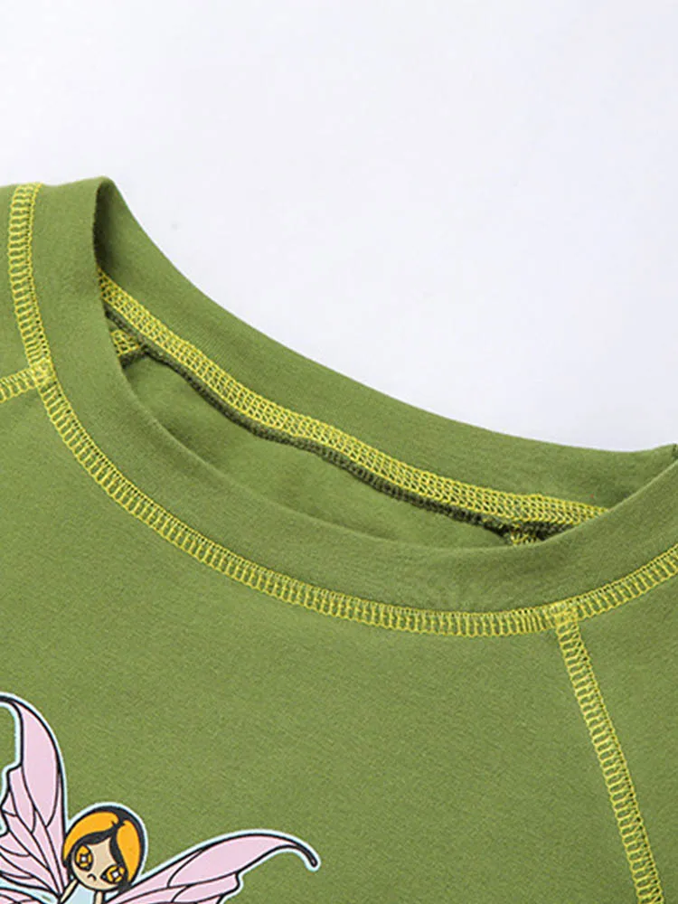 Graphic and Letter Printing Stitch Green Crop Tops Short Sleeve Tee - Image 19