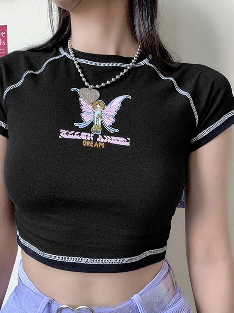 Graphic and Letter Printing Stitch Green Crop Tops Short Sleeve Tee - Image 4