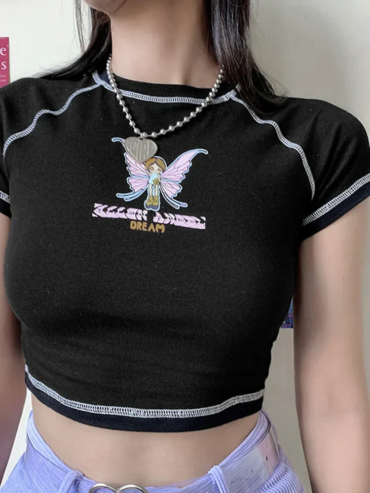 Graphic and Letter Printing Stitch Green Crop Tops Short Sleeve Tee - Image 7