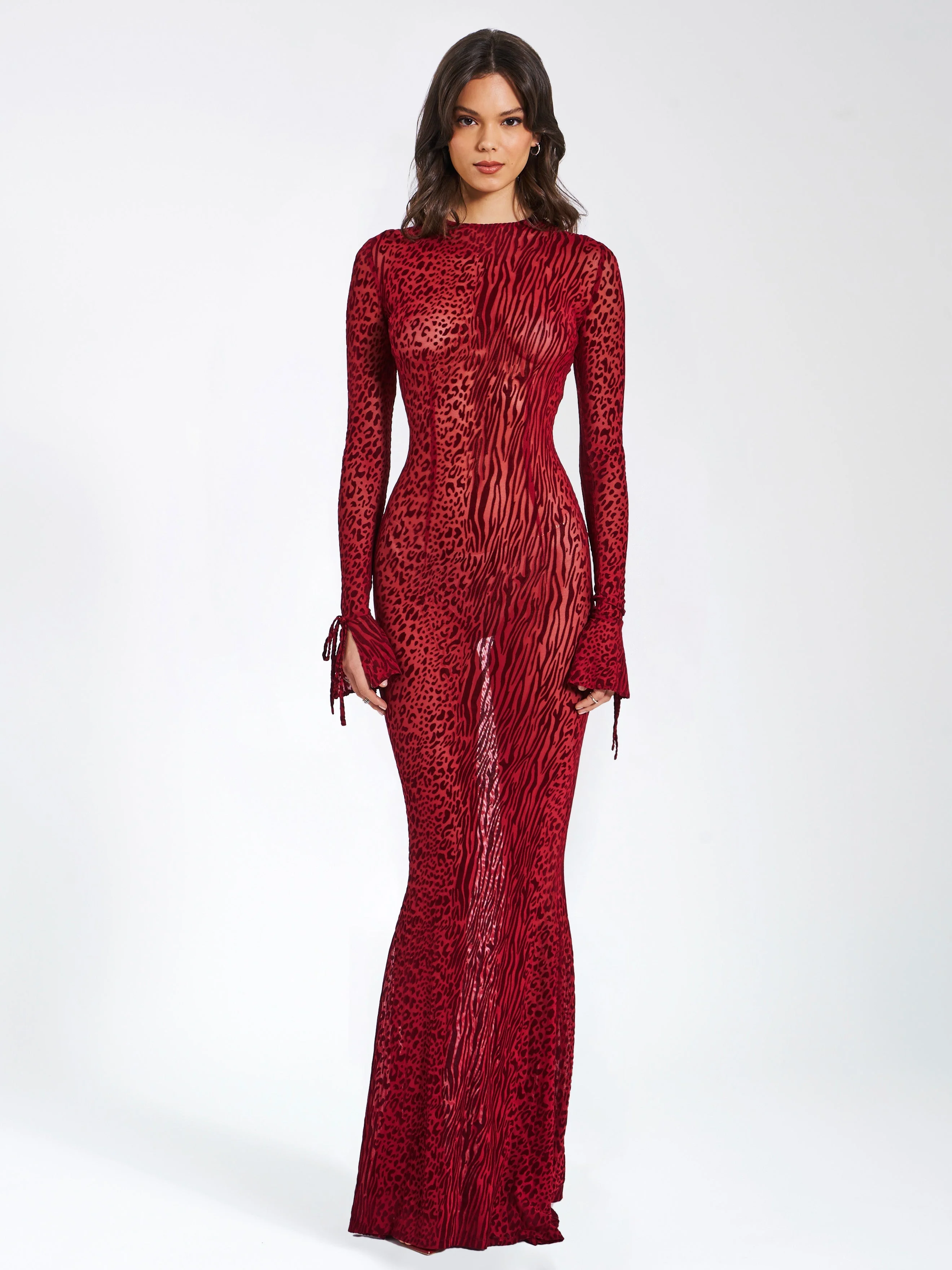 Waylynn Burgundy Burnout Velvet Graceful Detail Mesh Backless Maxi Dress