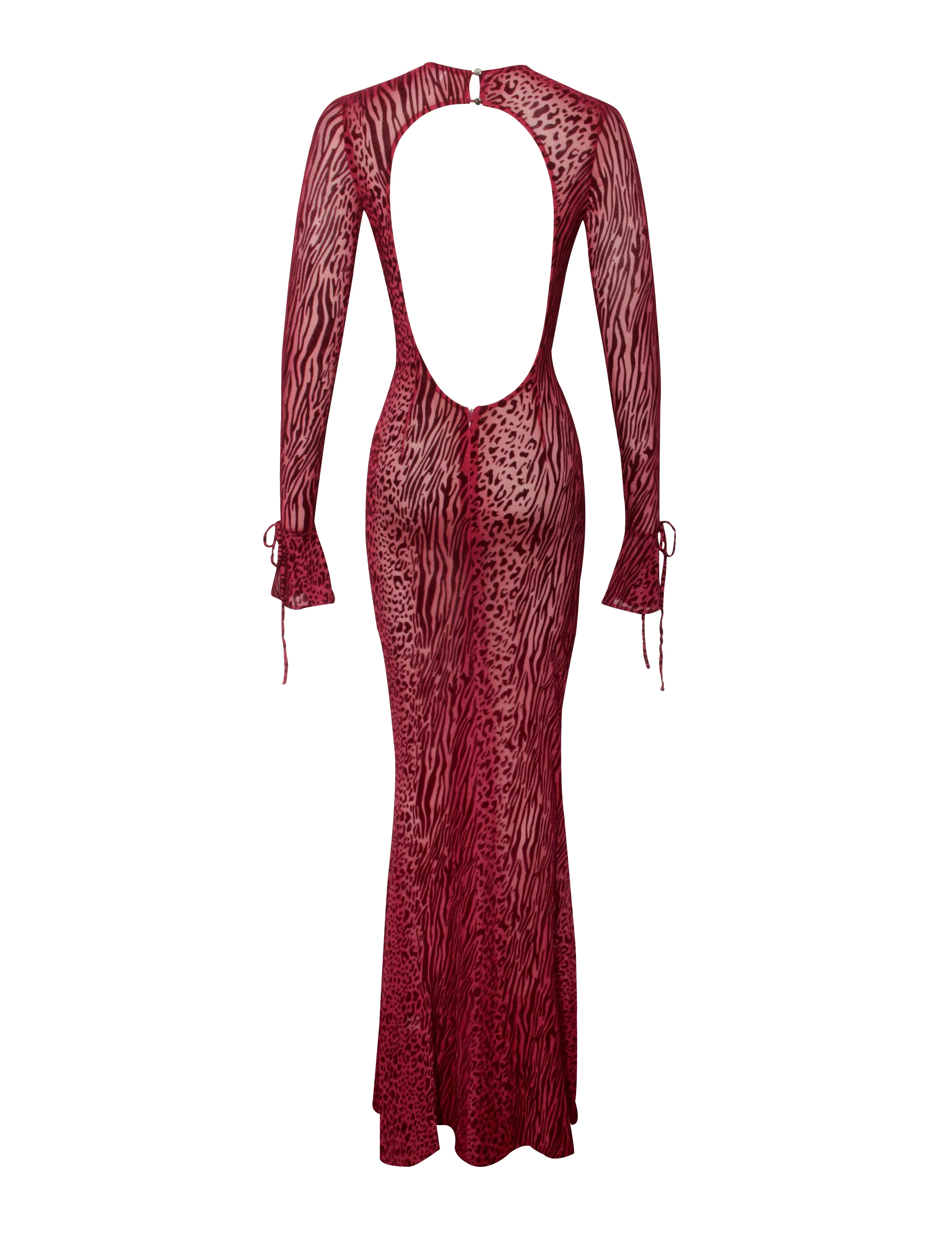 Waylynn Burgundy Burnout Velvet Graceful Detail Mesh Backless Maxi Dress - Image 28