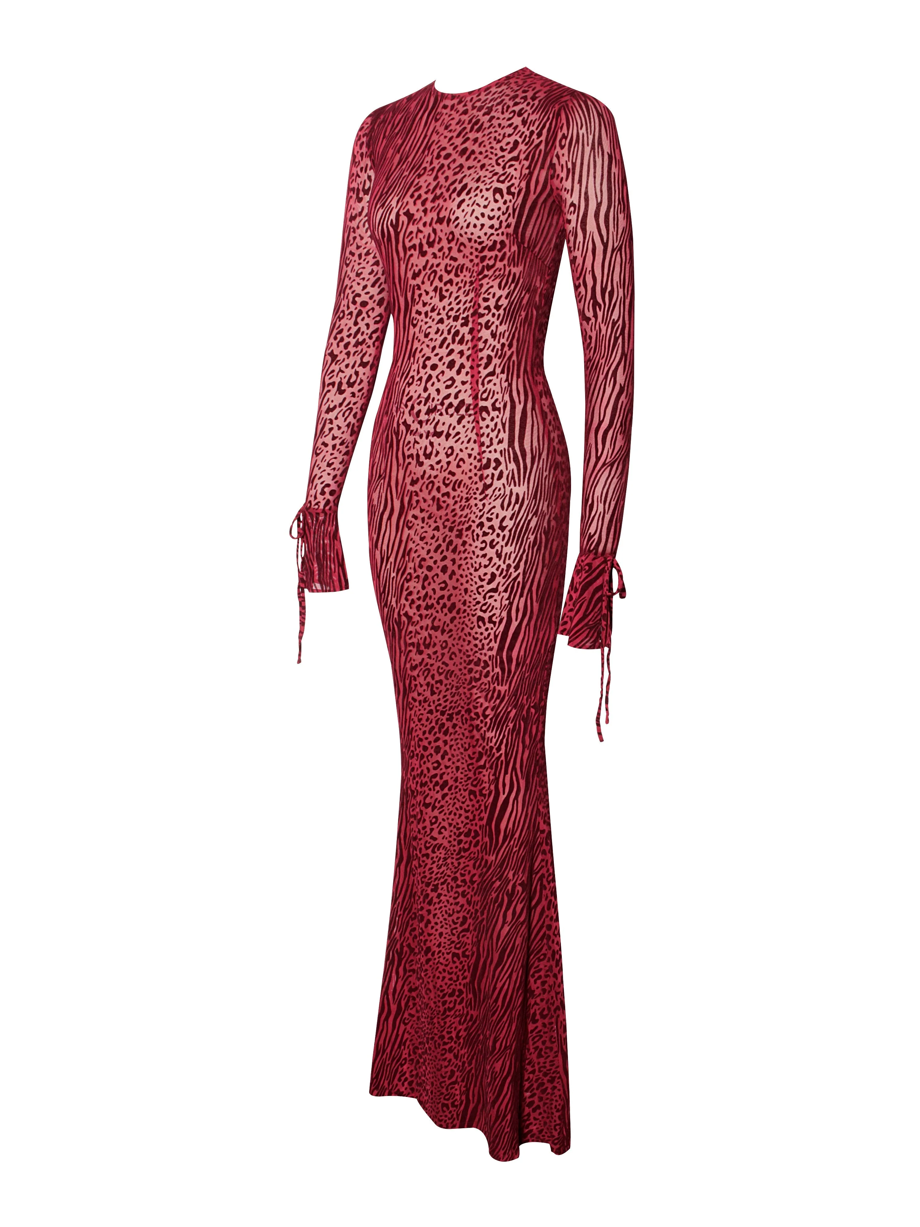 Waylynn Burgundy Burnout Velvet Graceful Detail Mesh Backless Maxi Dress - Image 32