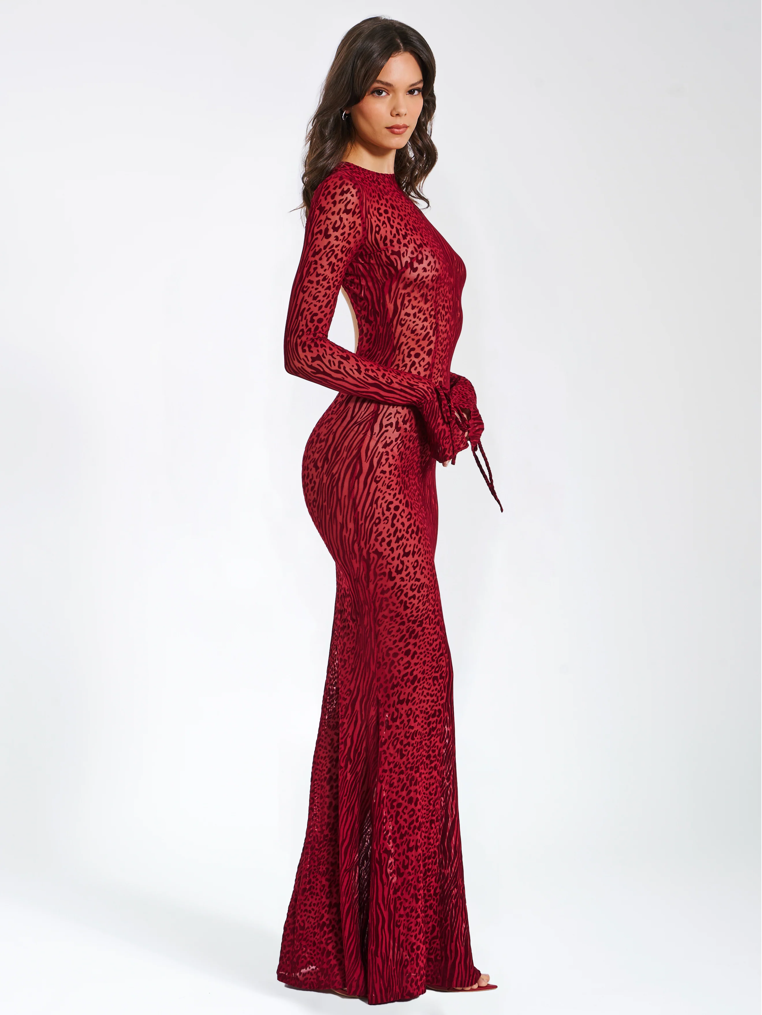 Waylynn Burgundy Burnout Velvet Graceful Detail Mesh Backless Maxi Dress - Image 36
