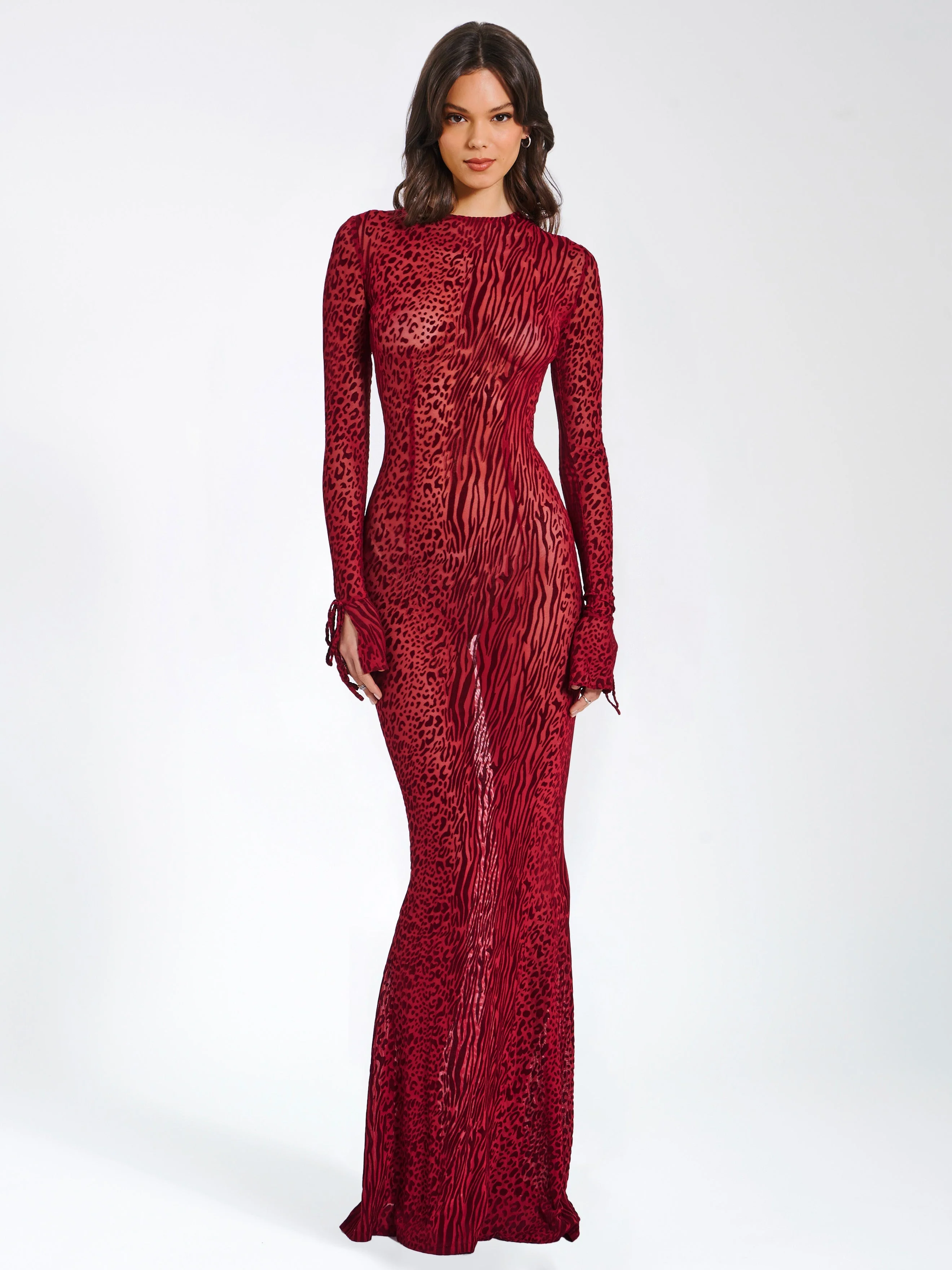 Waylynn Burgundy Burnout Velvet Graceful Detail Mesh Backless Maxi Dress - Image 40