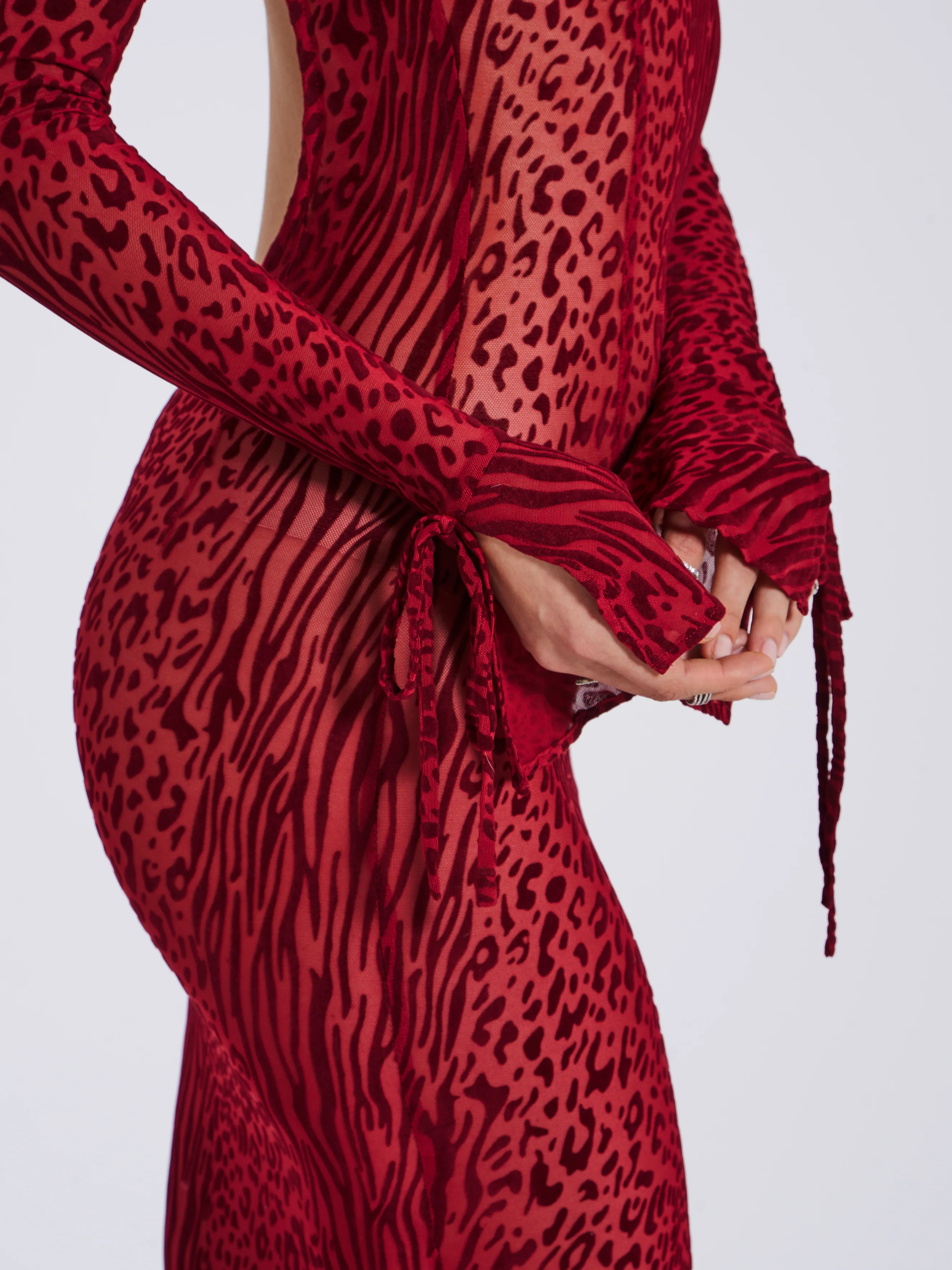 Waylynn Burgundy Burnout Velvet Graceful Detail Mesh Backless Maxi Dress - Image 53
