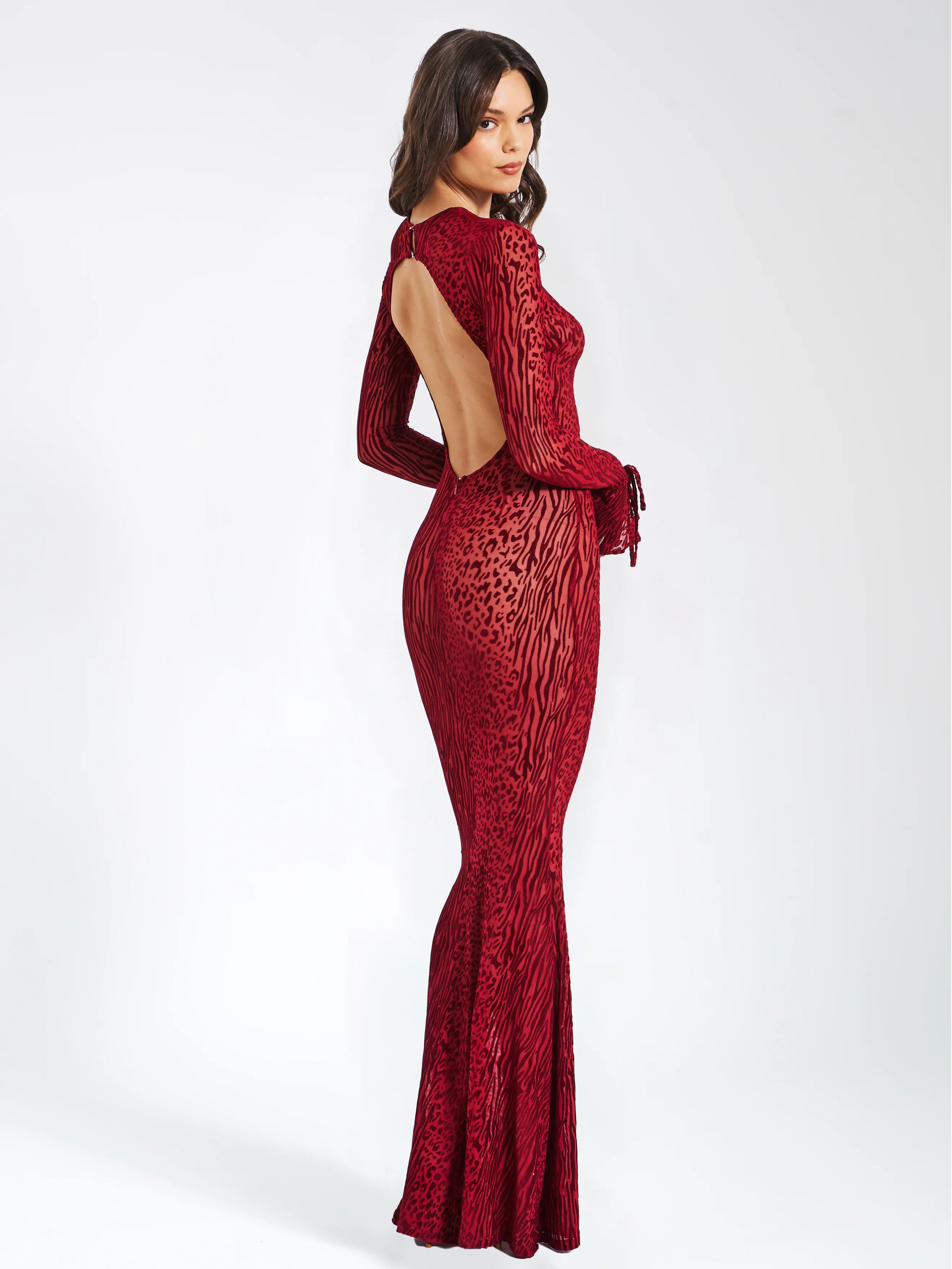 Waylynn Burgundy Burnout Velvet Graceful Detail Mesh Backless Maxi Dress - Image 8